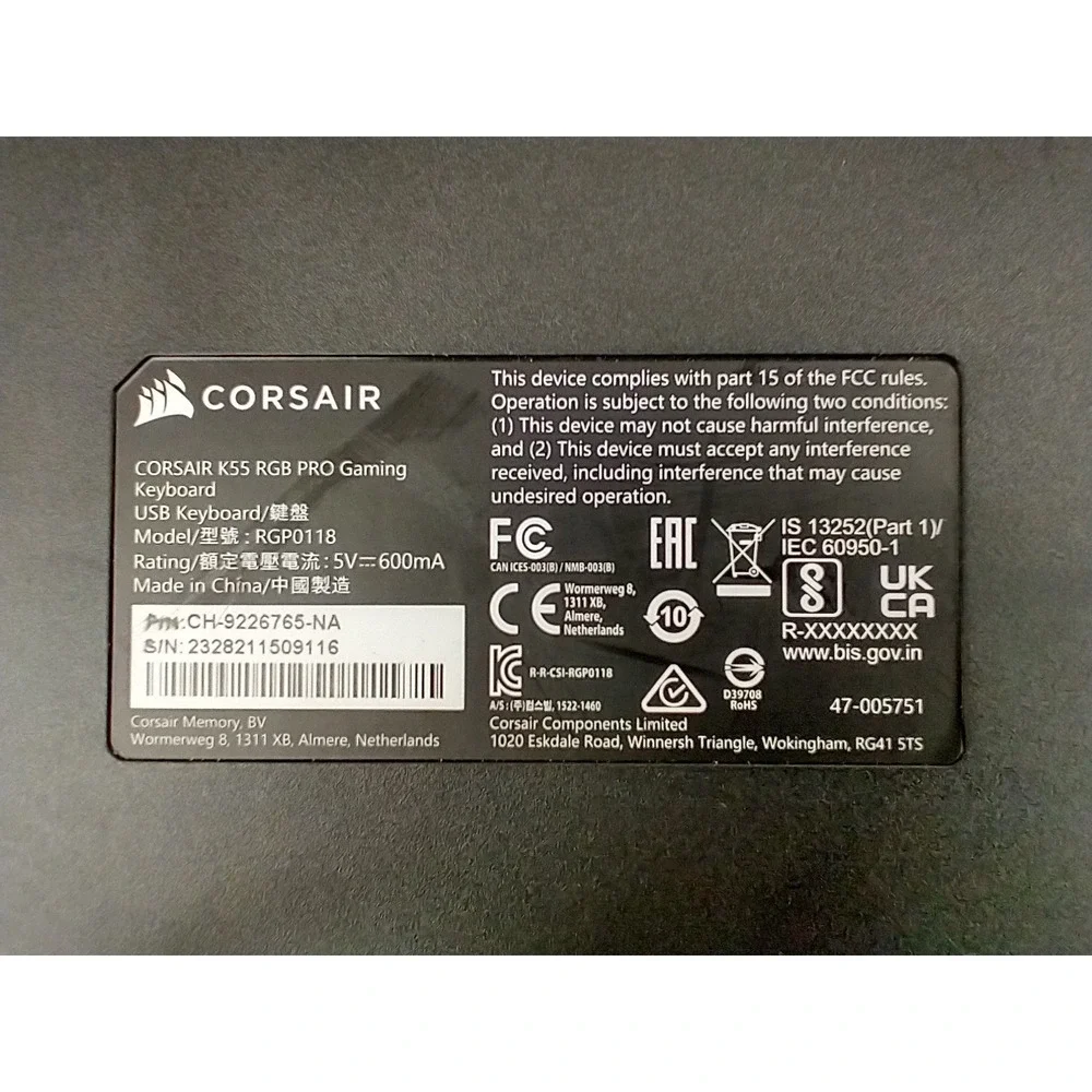 Corsair K55 RGB PRO Gaming Keyboard Black‎ Wired USB CH-9226765-NA TESTED